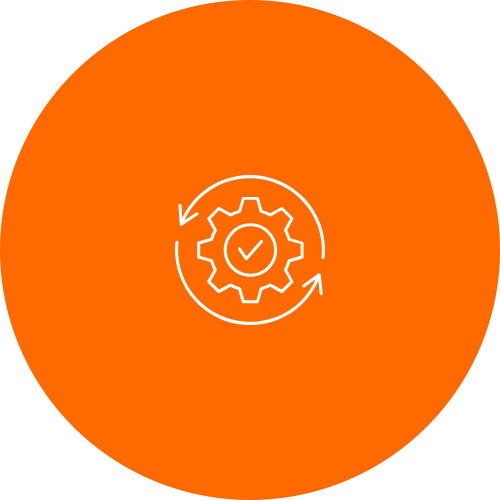 Tick gear icon with arrows on orange circle